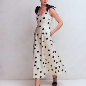 Bow Detail Linen Empire Dress-Ivory Painted Dot Spaced
