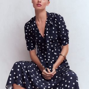Ruffle Collar Midi Dress-French Navy Painted Spaced Dot