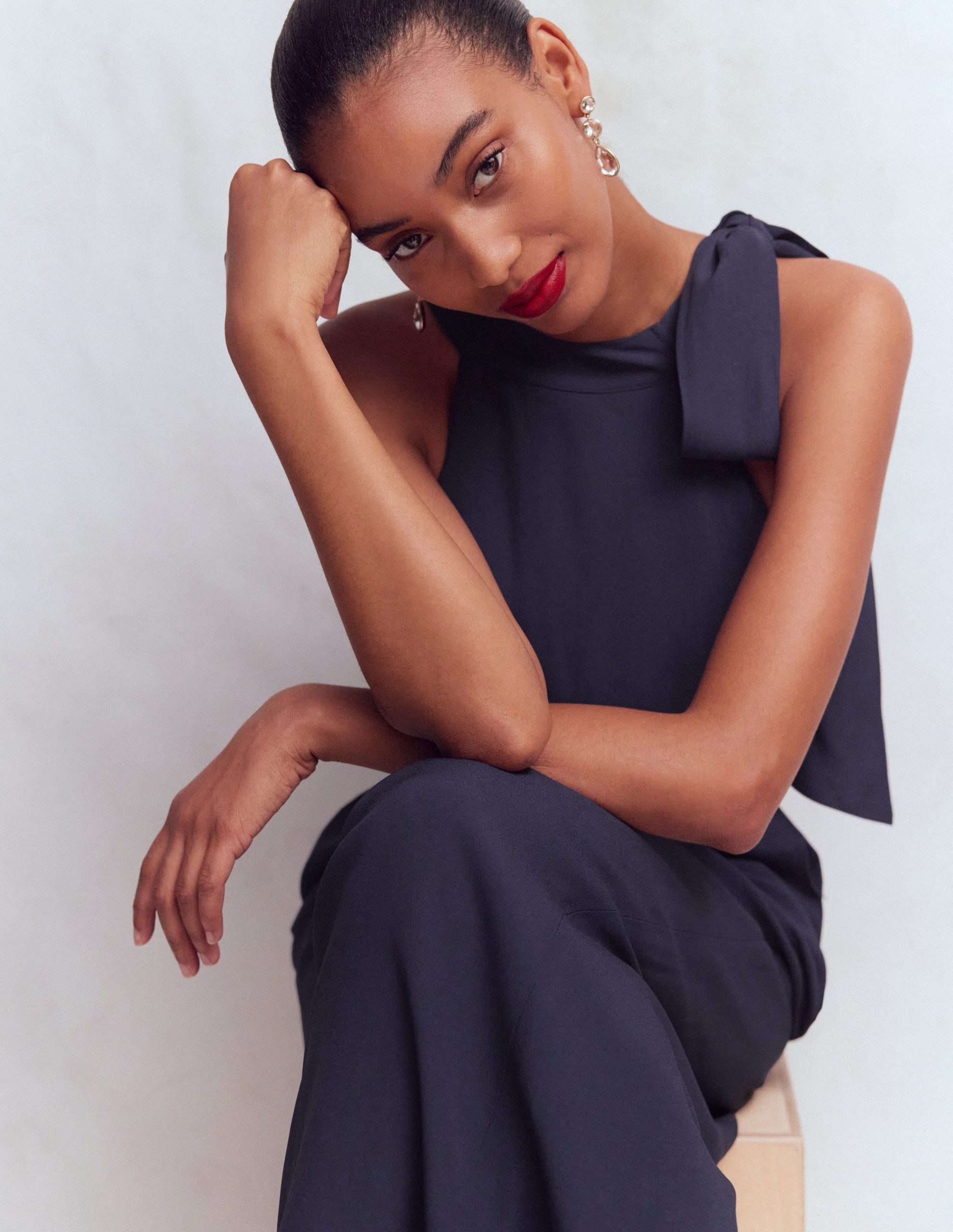 Tie Halter Neck Jumpsuit-Navy - Image 2