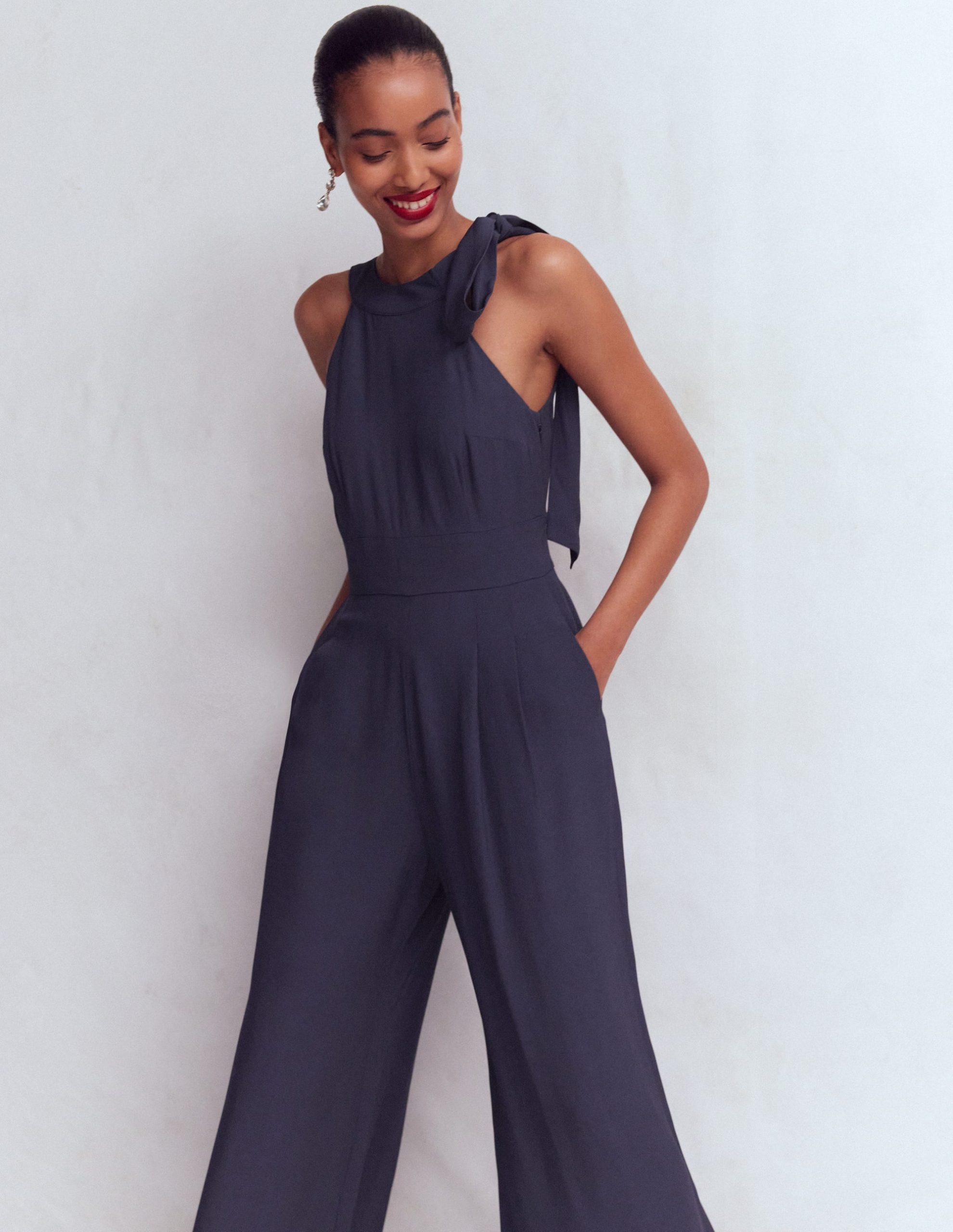 Tie Halter Neck Jumpsuit-Navy - Image 4