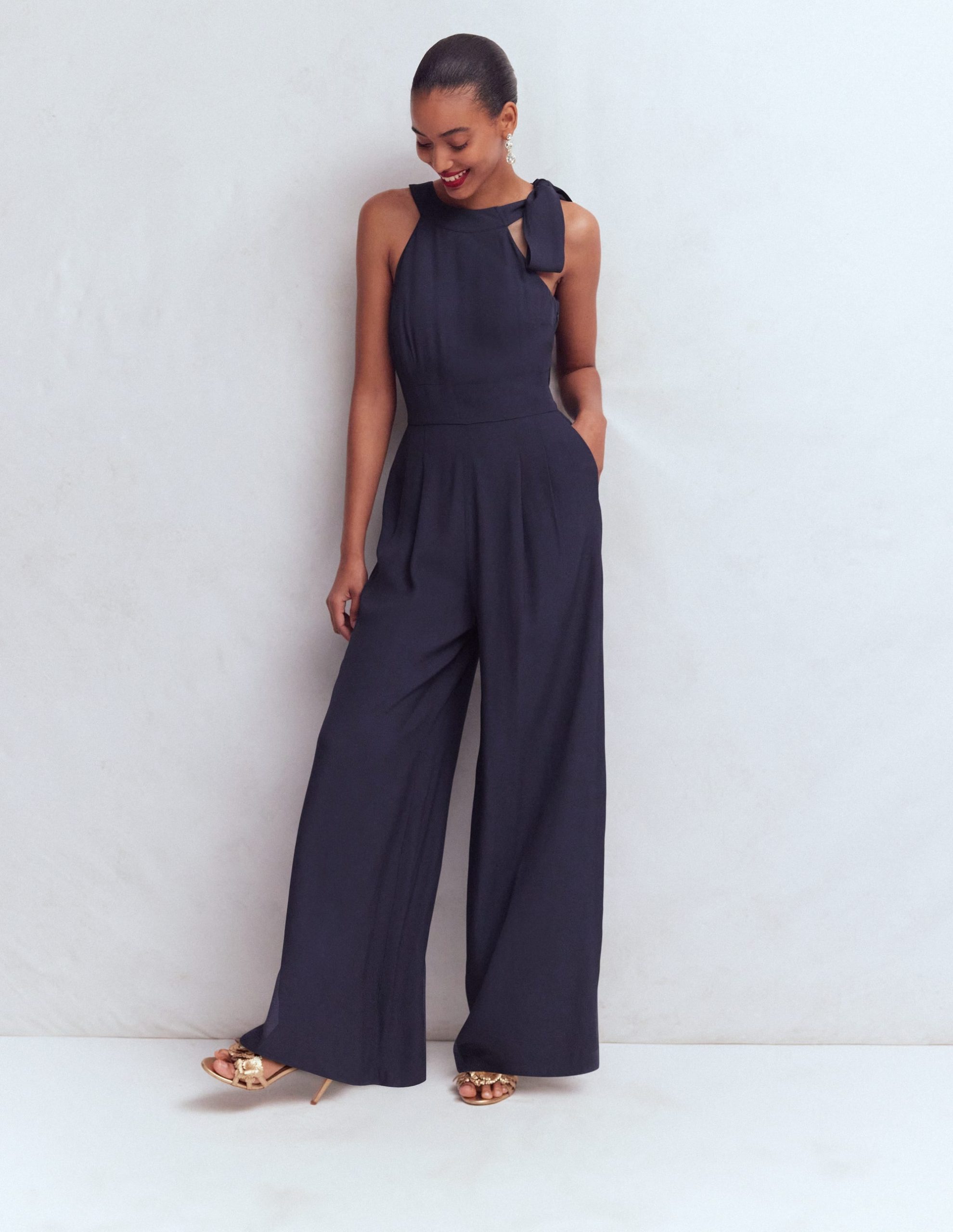 Tie Halter Neck Jumpsuit-Navy - Image 5