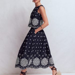 Verity Broderie Poplin Skirt-Navy