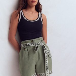 Paperbag Linen Belted Shorts-Green Grey Embroidery