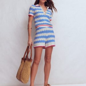 Knitted Pointelle Shorts-Blue. White
