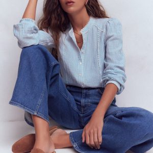 Rhea Trim Doublecloth Top-French Blue and Ivory Stripe