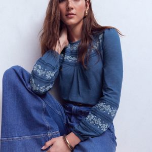 Rosie Embroidered Jersey Top-Denim Blue
