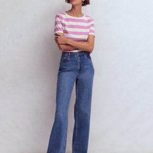 Olivia Short Sleeve Breton-Clover Purple and Ivory Stripe