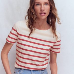 Olivia Short Sleeve Breton-Earth Red. Ivory Stripe