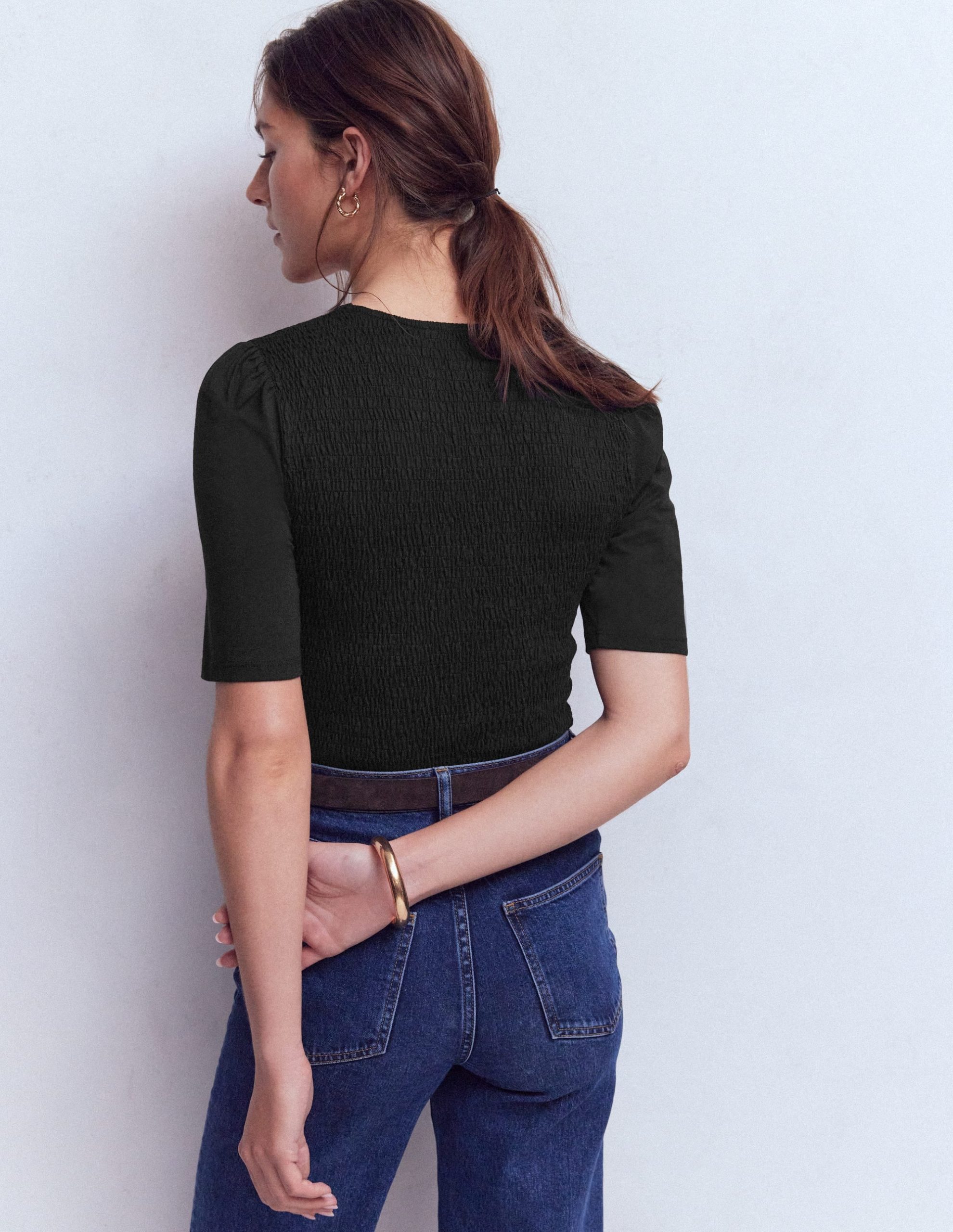 Smocked V Neck Top-Black - Image 3