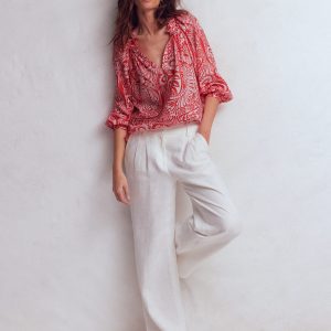 Serena Pleat Neck Linen Top-Red. Enchanted Paisley