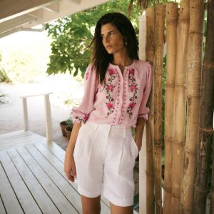 Camille Double Cloth Top-Spring Blossom Pink Embroidery