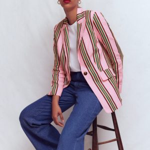 Woodbridge Linen Blazer-Pink. Rich Emerald Stripe