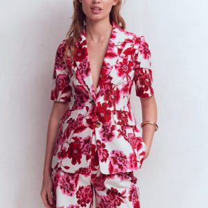 Short Sleeve Cotton Blazer-Sangria Sunset. Floral Print