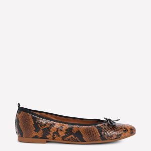 Patti Round Toe Ballet Flats-Tan Snake Print