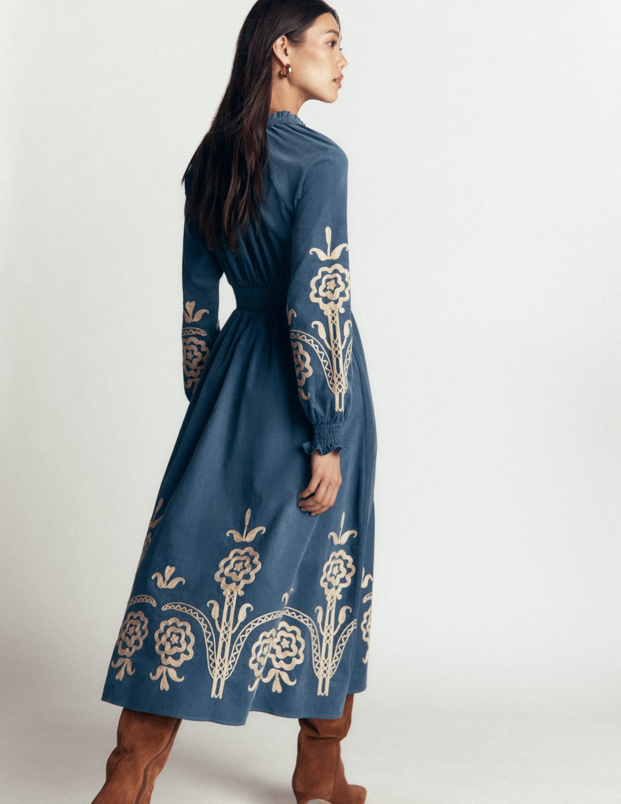 Smocked Cord Midi Dress-Storm Blue. Embroidery - Image 4