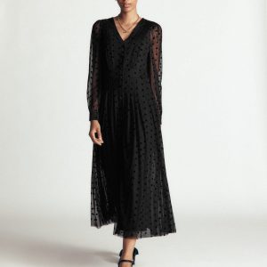 Pleated Tulle Midi Dress-Black