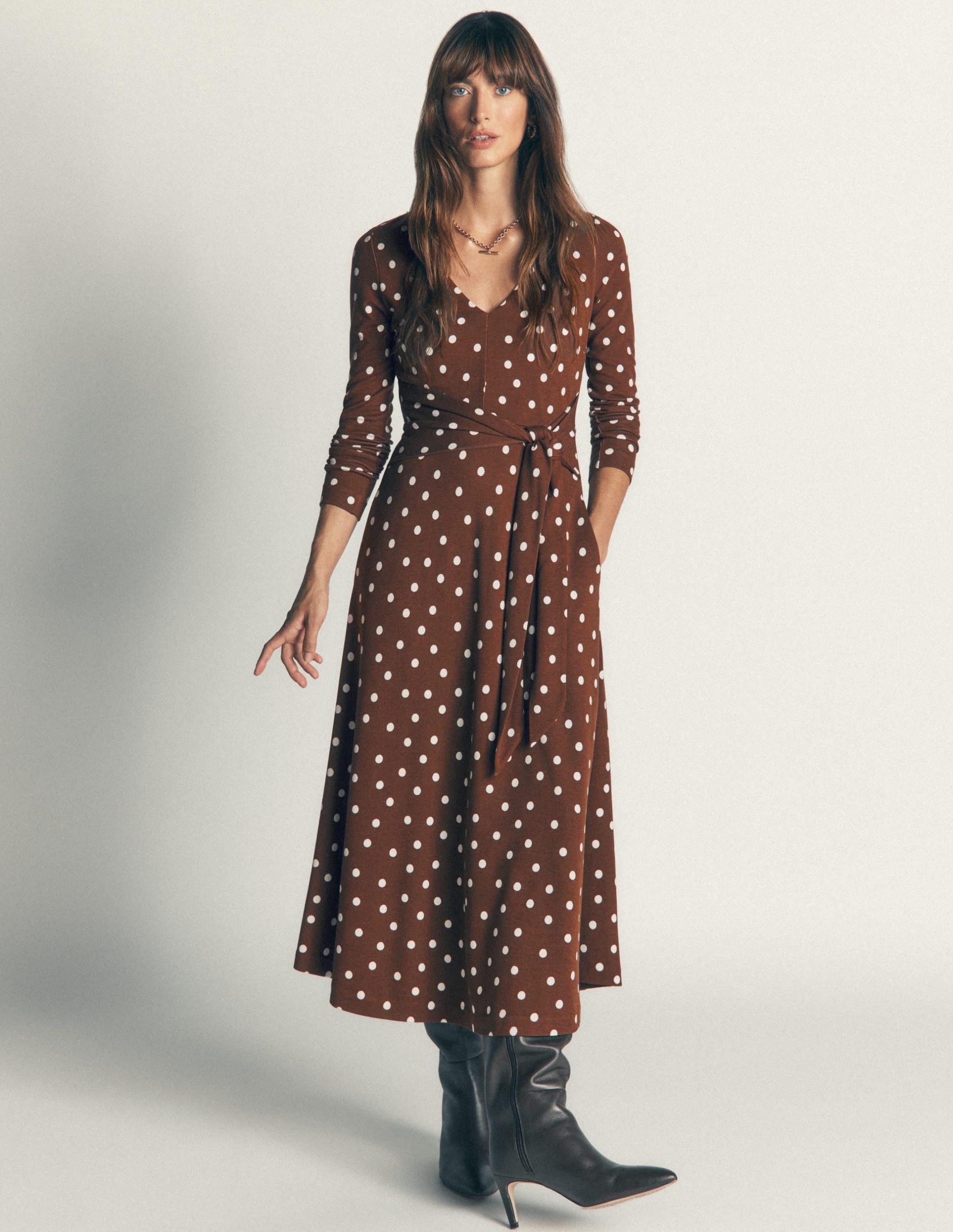 Tie Waist Ponte Dress-Raw Umber. Painted Dot - Image 4