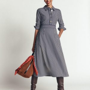 Etta Piping Detail Ponte Dress-Navy. Ivory Stripe