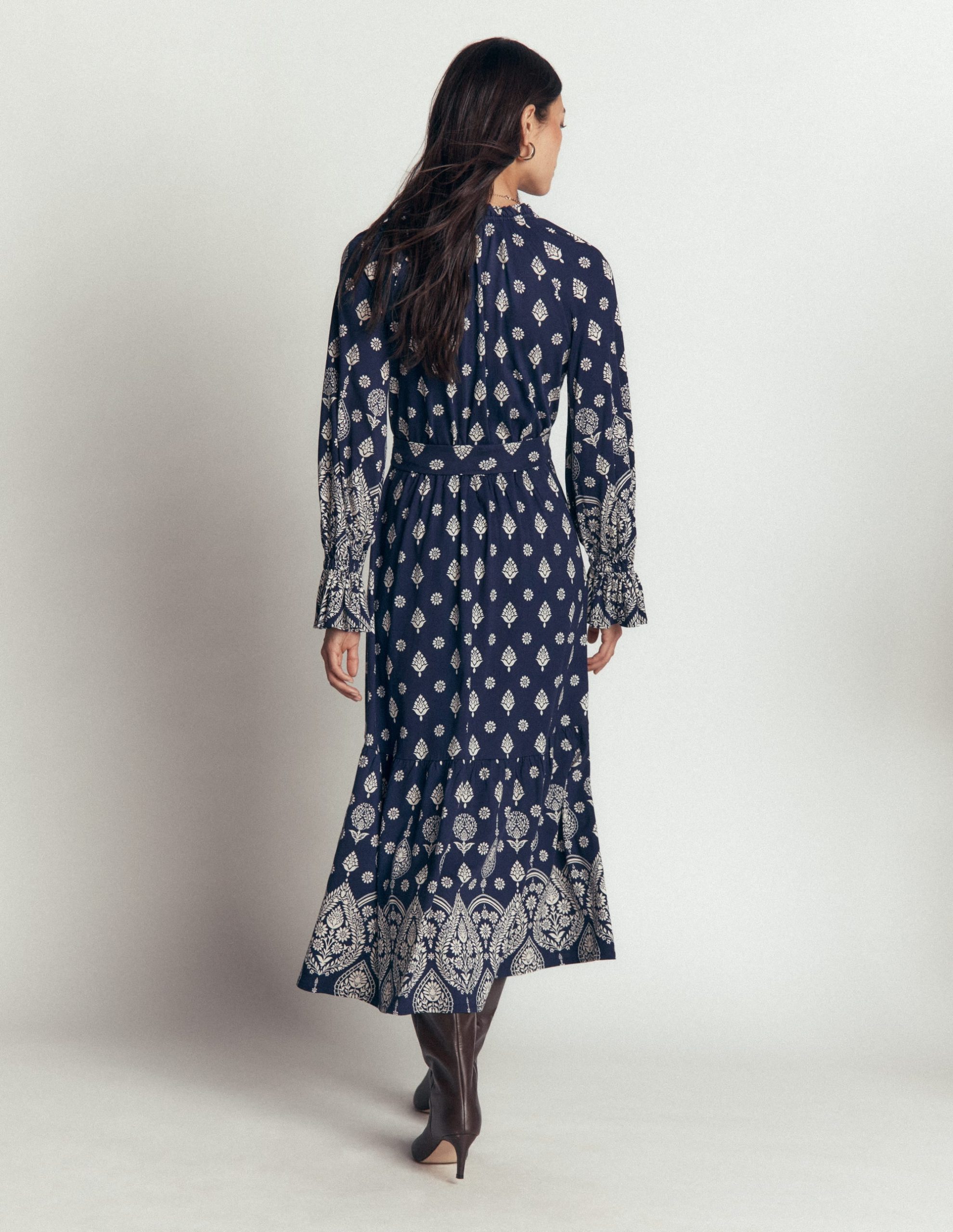 Blouson Tiered Jersey Dress-French Navy. Ornate Gardenia - Image 4