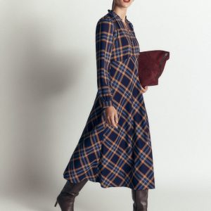 Cassie Checked Tea Dress-Navy and Camel Check