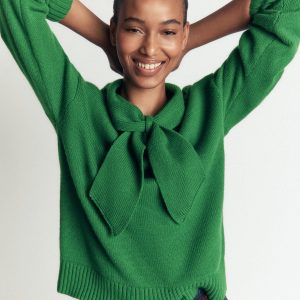 Lydia Tie Neck Knitted Sweater-Hunter Green Melange