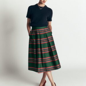 Verity  Cotton Sateen Skirt-Green. Collegic Stripe