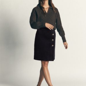 Evelyn Button Cord Wrap Skirt-Navy