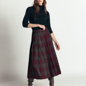 Pleated Midi Kilt-Maroon And Olive Check