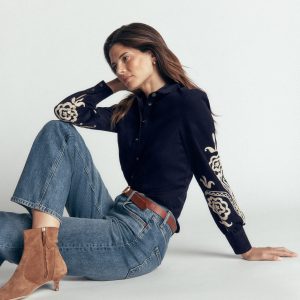 Sky Cord Shirt-Navy. Embroidered