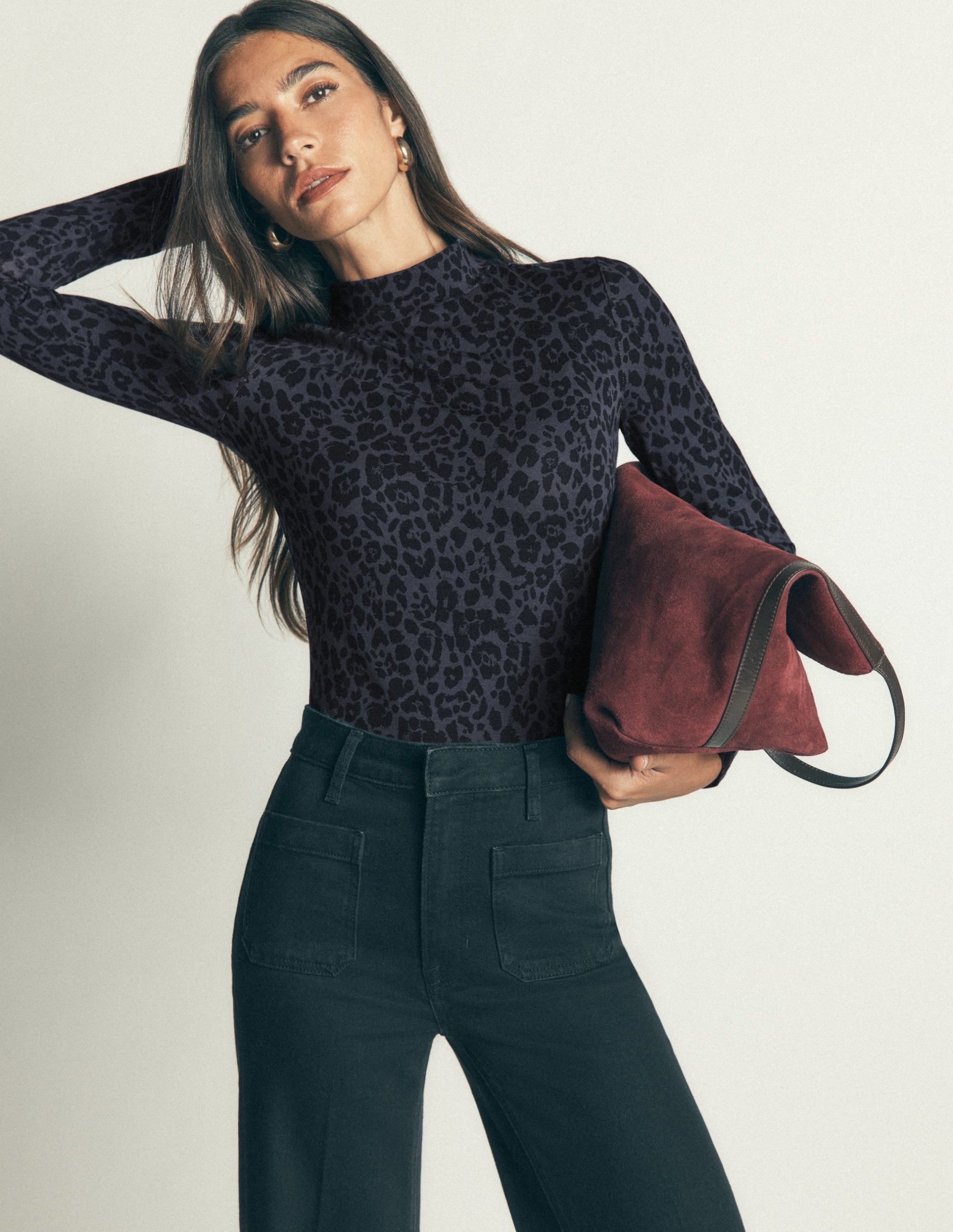 High Neck Jersey Top-Grey. Leopard Smudge