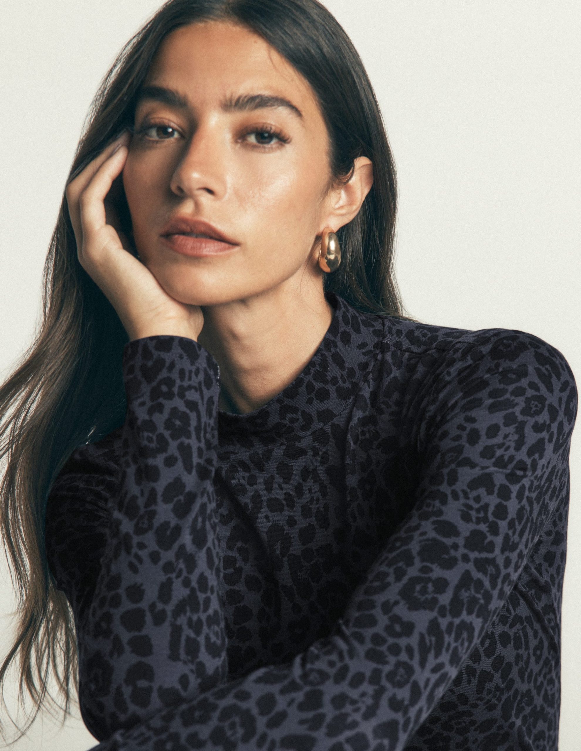 High Neck Jersey Top-Grey. Leopard Smudge - Image 2