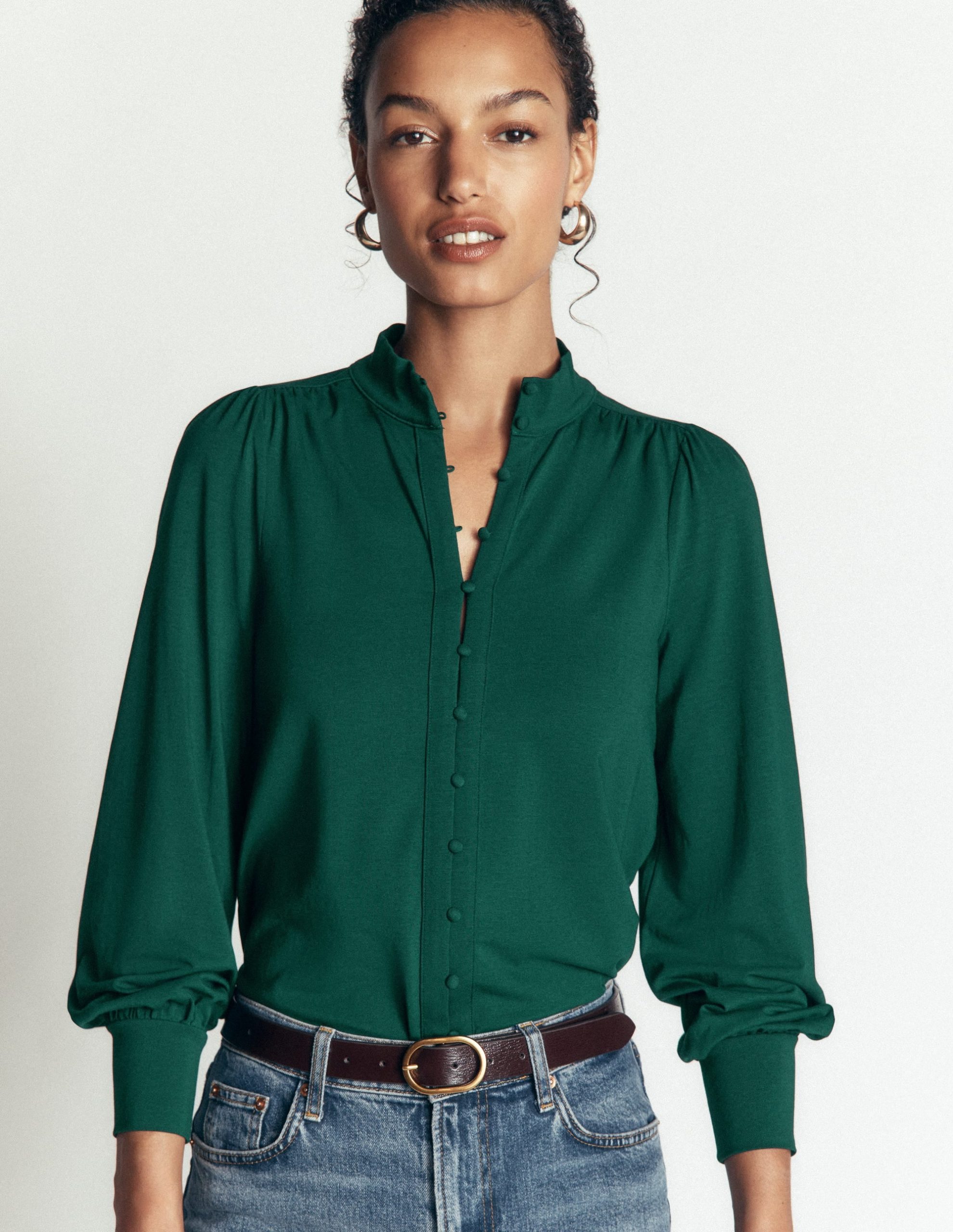Isla Funnel Neck Button Blouse-Emerald Night - Image 2