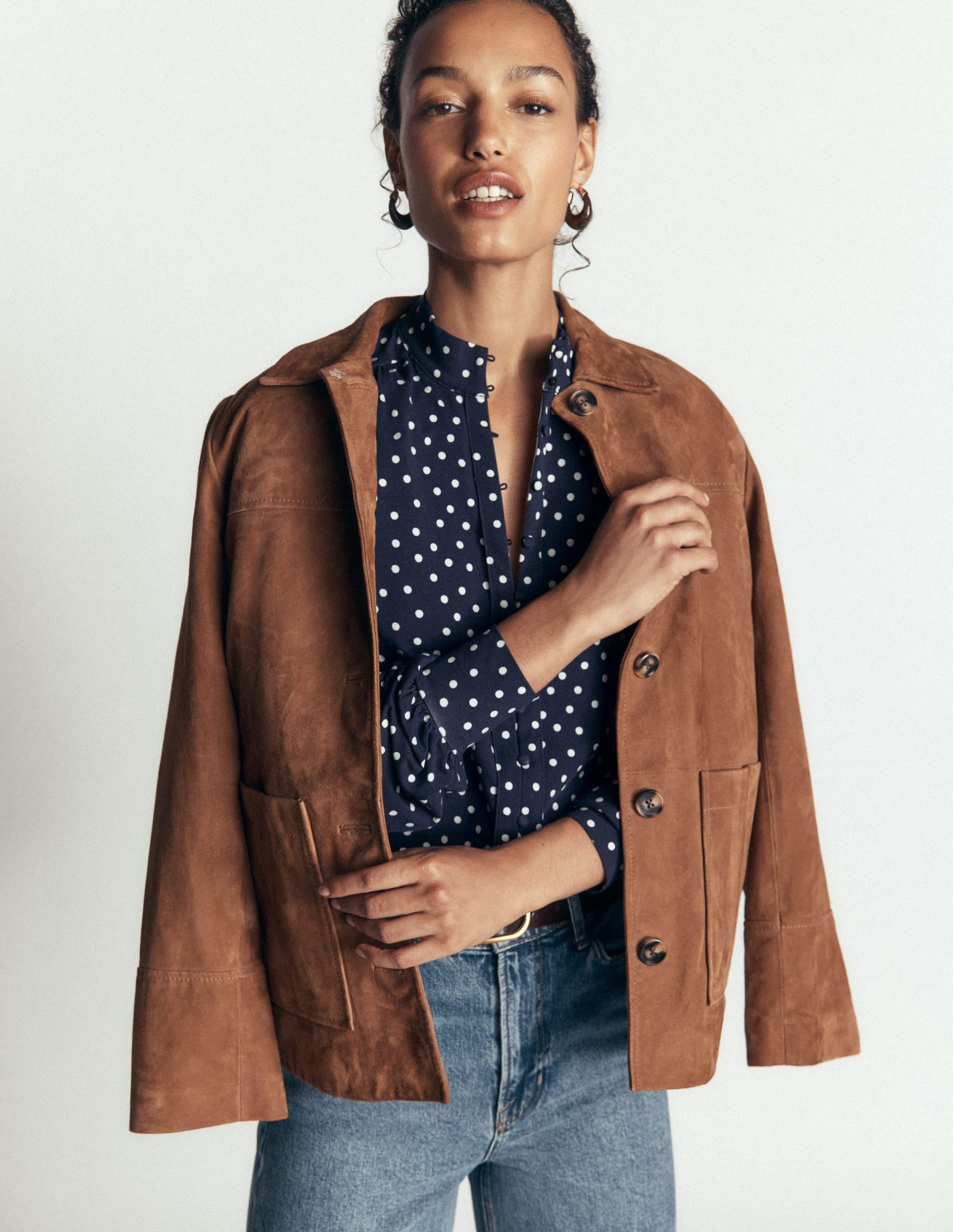 Isla Funnel Neck Button Blouse-Navy Spot