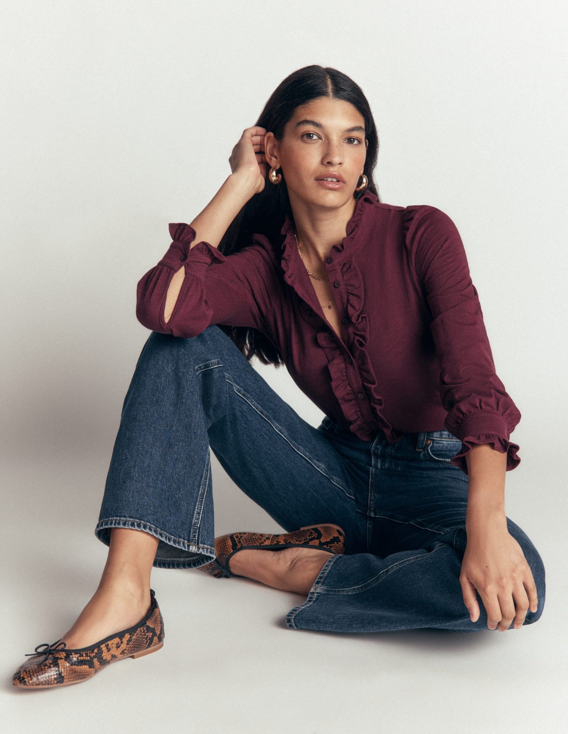 Jersey Frill Blouse-Dark Cherry