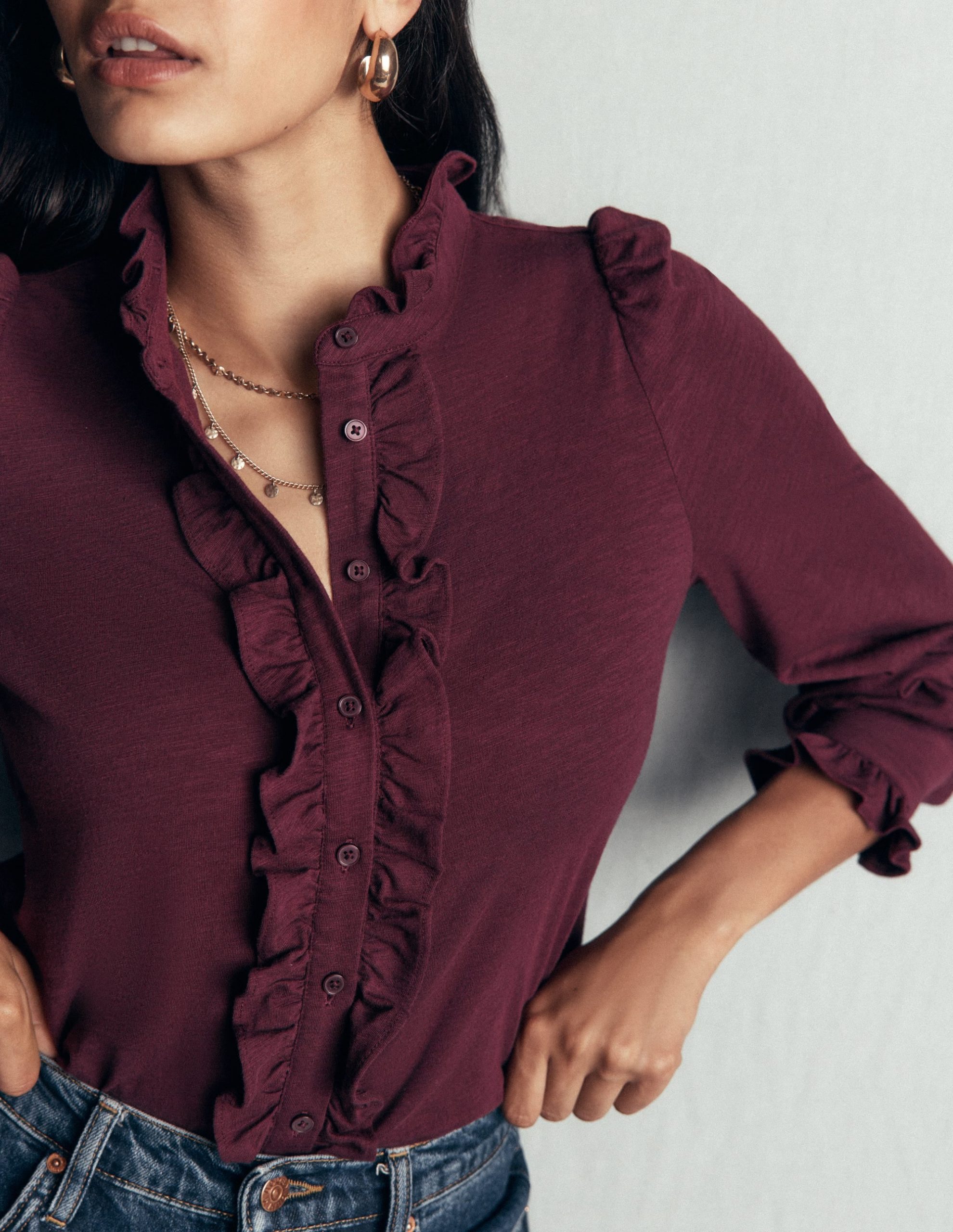 Jersey Frill Blouse-Dark Cherry - Image 2