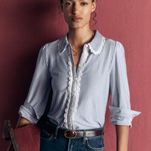 Lace Frill Blouse-Faded Denim and Ivory Stripe