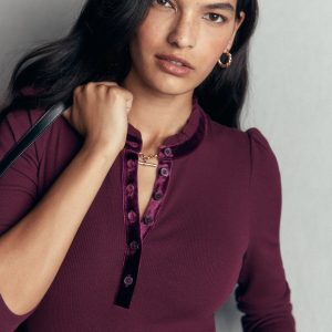 Velvet Ruffle Trim Henley Top-Dark Cherry