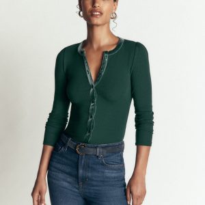 Velvet Trim Ribbed Cardigan-Green Pine