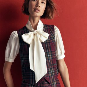 V Neck Wool Blend Waistcoat-Maroon and Olive Check