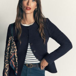 Collarless Tailored Blazer-Navy